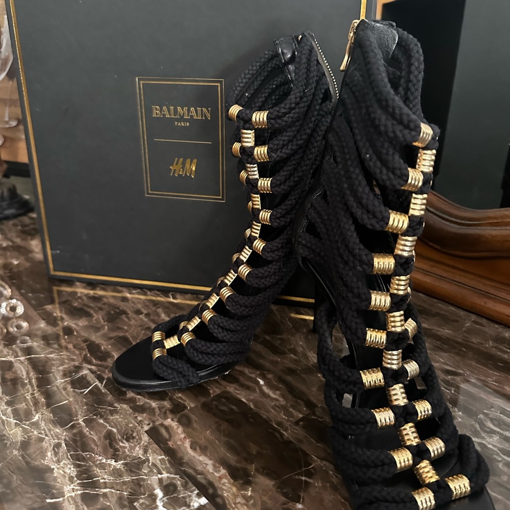 Balmain Black and Gold Rope Heels